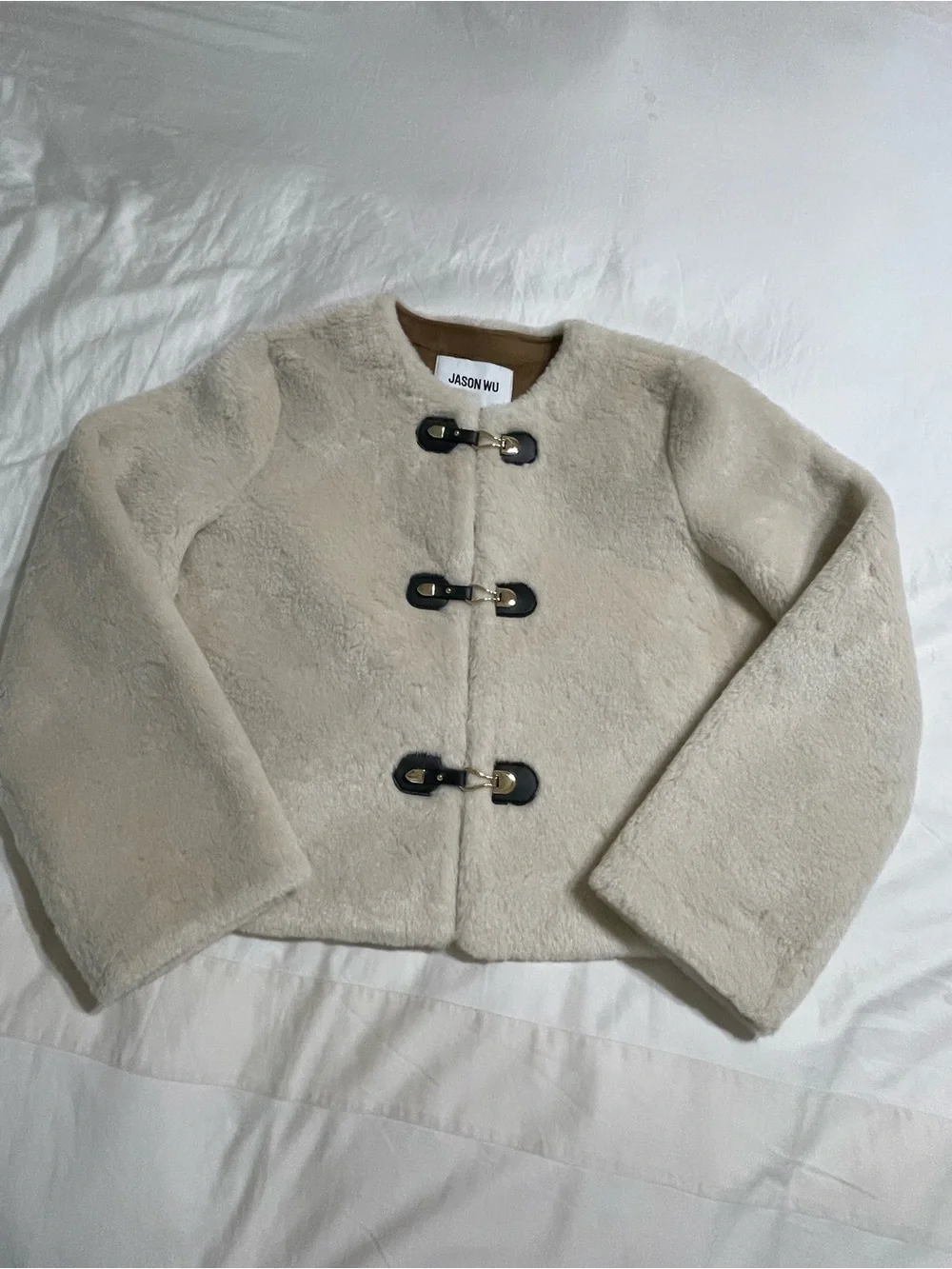 Jason Wu Cream Faux Shearling Toggle Jacket With Black Trim_8